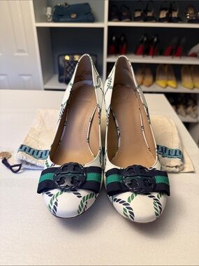 Tory Burch Maritime Nautical Rope-Print Pumps with Green & Black Bow Accent